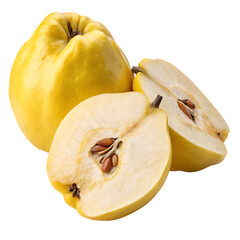 A ripe quince sliced in half isolated on a transparent background

