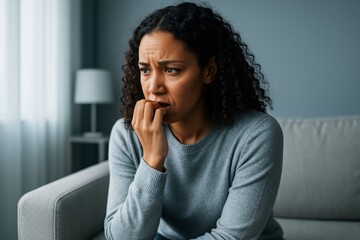 Worried young woman sitting on couch with thoughtful expression and hand on mouth in soft natural light, showing mental health concern concept. Ai generative