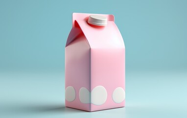 A minimalist pink milk carton design with a white cap and circular patterns on the bottom, set against a soft blue background.