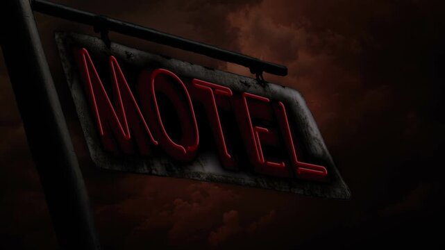 Animation of a flickering neon lights spelling out motel on an old rusted road sign.
