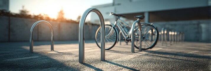 Bicycles parked at a modern bike rack during sunset in an urban environment