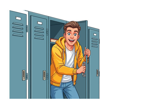 Student and Locker: A bright and happy student, dressed casually, stands at an open locker, expressing an eagerness and anticipatory mood with the blue locker.