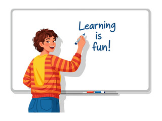 The Joy of Learning: A vibrant illustration of a student confidently writing on a whiteboard, filled with a playful phrase that encapsulates the fun of the learning journey. 