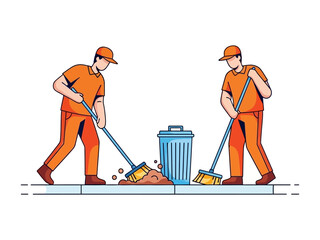 Street Cleaning Crew at Work: Two dedicated street cleaners are meticulously sweeping a sidewalk clean, showcasing the importance of community and urban maintenance.