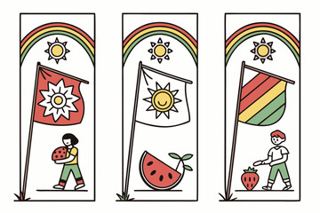 Children holding flags with sun and rainbow, isolated on white background