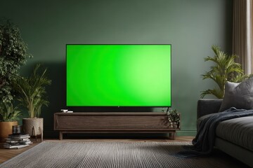 Television green screen. Interior of a living room. TV Media Entertainment center mockup. Digital Display showing blank green background. Modern TV chroma key template. Luxury Cozy home. Online cinema