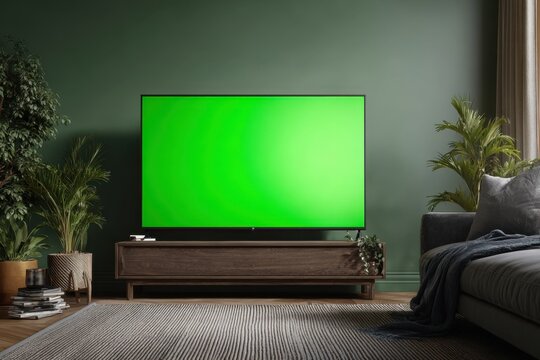 Television green screen. Interior of a living room. TV Media Entertainment center mockup. Digital Display showing blank green background. Modern TV chroma key template. Luxury Cozy home. Online cinema