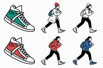Obraz premium Collection of walking people and hightop sneakers isolated on white background