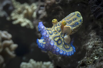 Vibrant blue and yellow sea slug crawling on coral reef