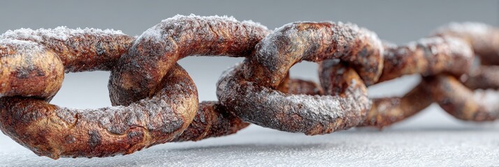 Rusted chain links on a gray background highlighting decay and weathering effects on metal material