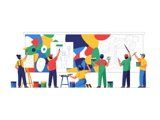 Mural Painting by Artists: A collective of skilled individuals meticulously crafts a vibrant mural, using brushes and colors to bring their creative vision to life in a collaborative art project.