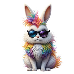 Cool rainbow bunny with sunglasses and colorful fur isolated on black background
