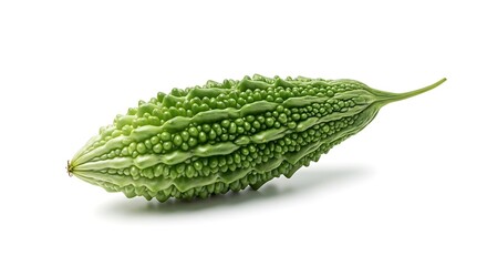 Single green bumpy bitter melon vegetable on a white background