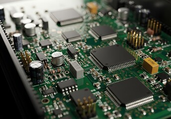 Close-up of a Green Circuit Board with Microchips and Components