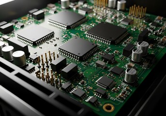 Detailed macro view of a green printed circuit board showcasing multiple microprocessors and electronic components in a complex network.