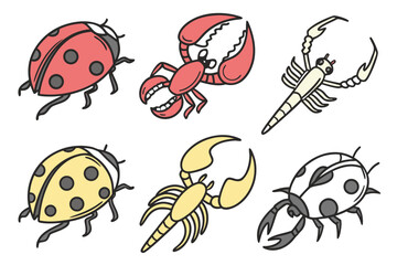 Collection of cartoon insects and arachnids isolated on white background