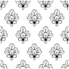 Seamless pattern showcasing stylized leaf motifs with a symmetrical arrangement forming an ornate botanical design, vintage concept