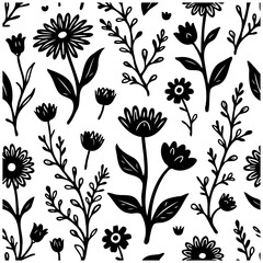Monochrome botanical bliss: a seamless pattern of hand drawn flowers and foliage offers intricate detail and timeless elegance