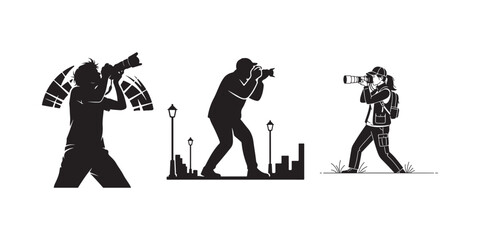 Three silhouette photographers with cameras and city backgrounds