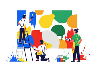 Artistic Collaboration: A team of artists collaborates to bring a vibrant, large-scale, abstract mural to life, using brushes and palettes with focus and expertise.