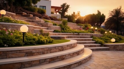 Tiered garden landscape outside luxury villa, retaining wall being built with large stones, pathways and lighting layout forming elegant outdoor design.