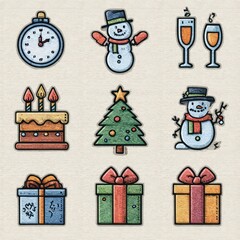 Festive celebration symbols featuring snowmen, gifts, a Christmas tree, and a countdown clock for a joyful holiday season
