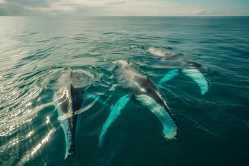 Fototapeta premium Three humpback whales swimming together in clear blue ocean water