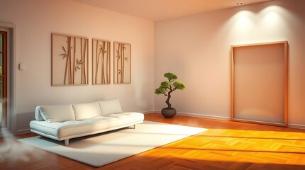 Fototapeta premium Zen Interior: Modern White Sofa, Bonsai, and Bamboo Art in Minimalist, Naturally-Lit Living Room with Wood Floors. 
