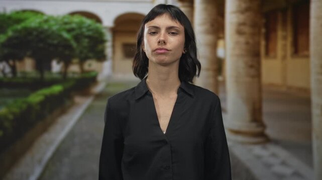 Young hispanic woman shows thumbs down gesture in historic building courtyard; rejection disapproval.