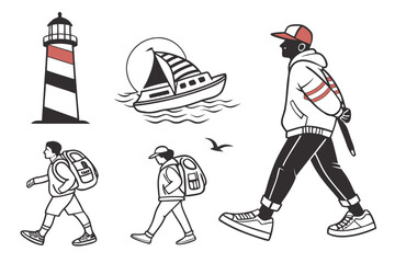 Obraz premium Set of travel and adventure illustrations isolated on white background