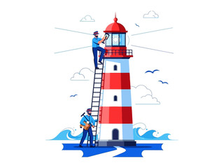 Beacon of Guidance: Two workers diligently maintain a lighthouse, signifying guidance and security. Their teamwork represents the enduring symbol of safety against the vast ocean.