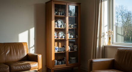 Wooden display cabinet with porcelain collection in cozy living room  