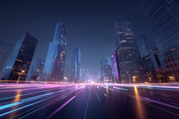 Futuristic city at night with motion blur on roads