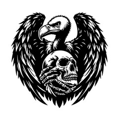Obraz premium Vulture holding a skull with spread wings, dark art