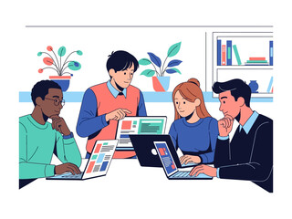 Business Team Collaboration Illustration: A diverse business team collaborating on a project, utilizing technology in a bright office environment. 
