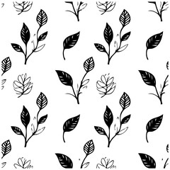 Seamless black and white botanical pattern with hand drawn leaves and branches makes a beautiful design