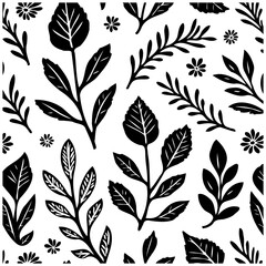 Elegant botanical seamless pattern design with leaves flowers and branches in monochrome color scheme creates timeless aesthetic