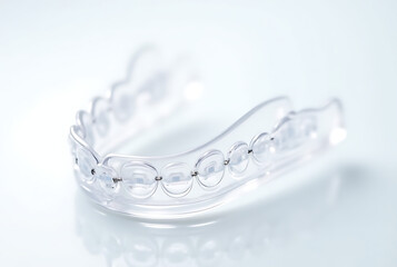 An image showing a complete set of Invisalign clear aligners. The aligners are displayed against a pure white background, highlighting their translucency and precise construction. 
