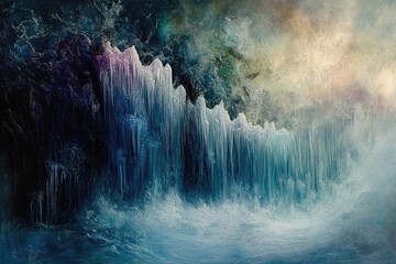 An abstract painting depicting a frozen waterfall with long icicles and a swirling, misty backdrop.