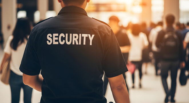 Back view of a security guard in uniform standing watch in a crowded public area. Concept of safety, protection, surveillance, and public security.