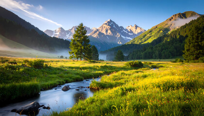 Mountain valley meadow stream sunlight