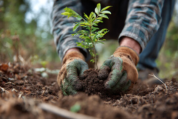 Close-up of hands planting a young tree sapling in rich soil, showcasing environmental conservation and growth.