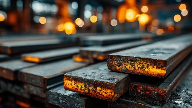 Hot steel billets stacked in rows inside a metal foundry, glowing orange, photographed with shallow focus, concept of heavy industry and metallurgy