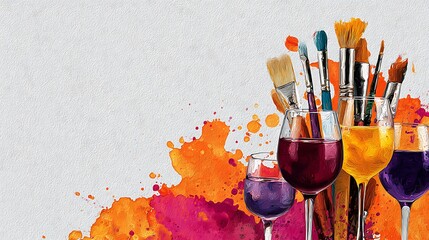 Awesome photo of art and wine night banner with paintbrushes, wine glasses, and creative splashes of color, ready to advertise summer sip and paint deals.