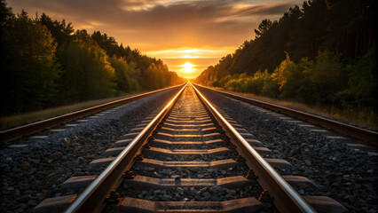 Obraz premium Railroad tracks vanishing into sunset light