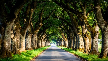 Tree lined road, sunlight
