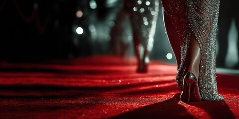 Glamorous evening on the red carpet with sparkling heels and elegant gowns at a prestigious event