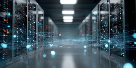 Modern Data Center with Cloud Storage Visualization and Network Connectivity Illustration in a High-Tech Environment