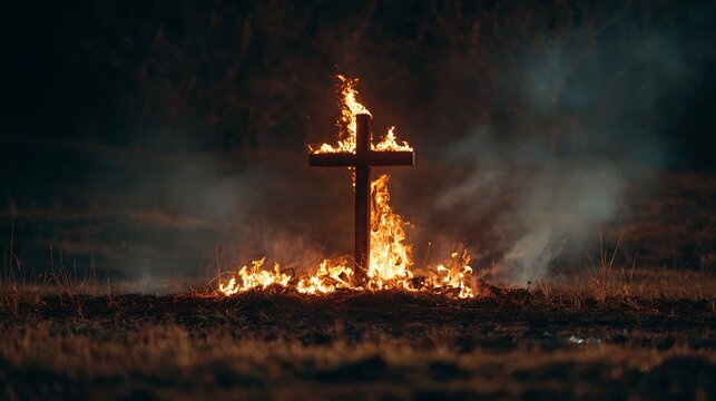 Awesome photo of christian cross burning in fire and smoke rising from dark ground.