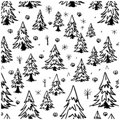 Obraz premium Whimsical winter forest pattern: a delightful illustration with hand-drawn christmas trees and snowflakes creating a festive and enchanting atmosphere